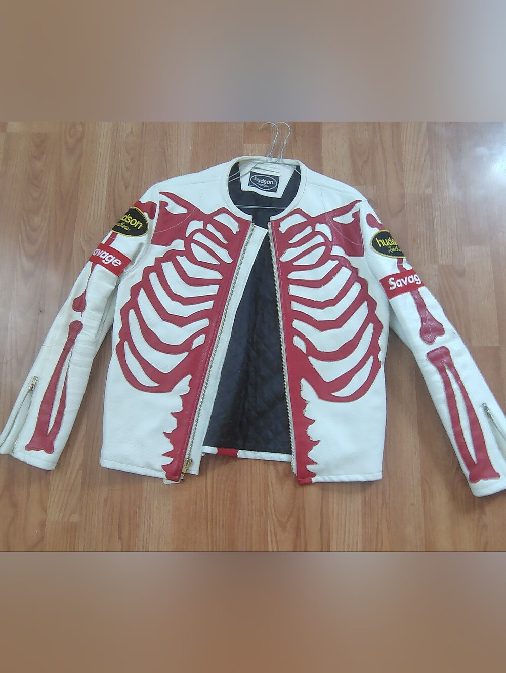 Hudson Jeans White Leather Jacket with Red Ribcage Appliqué